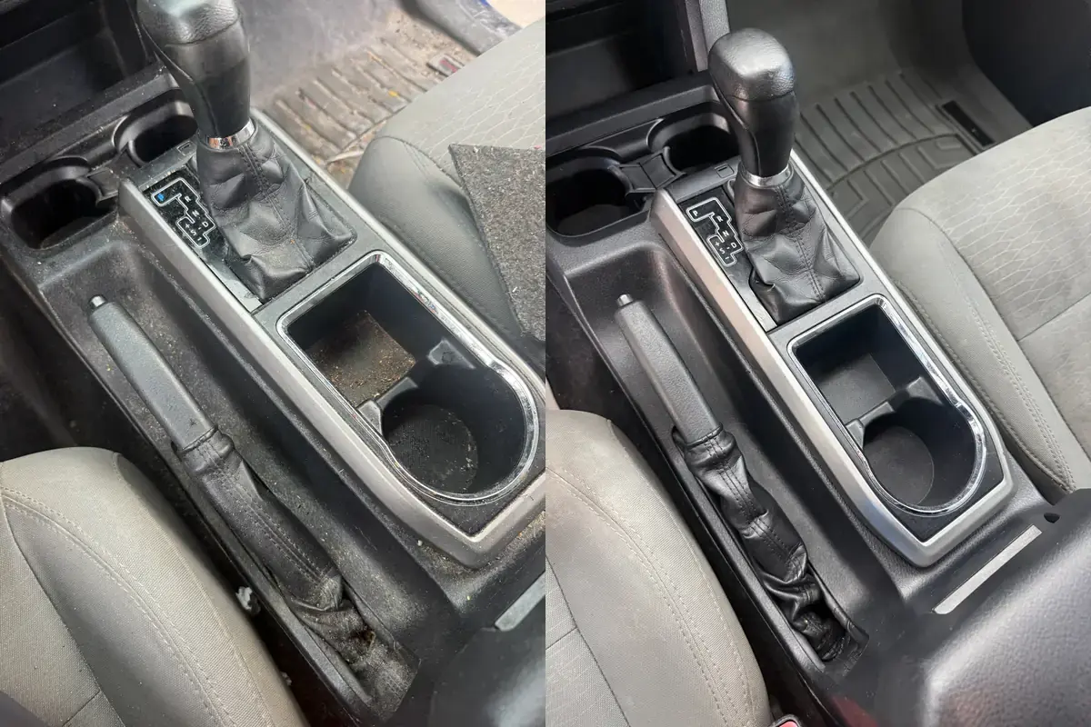 Before and after of a dirty center console and cup holders cleaned during a full interior detail on a 2017 Toyota Tacoma in Panama City FL