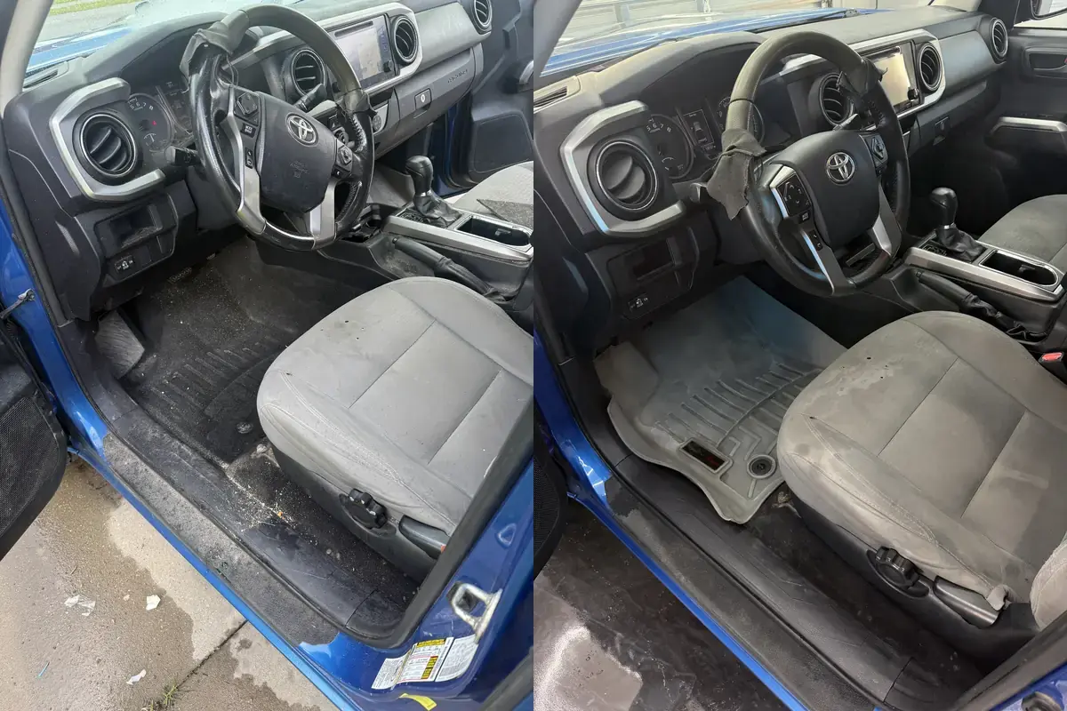 Before and after of the muddy driver floor in a 2017 Toyota Tacoma during a full detail in Panama City FL