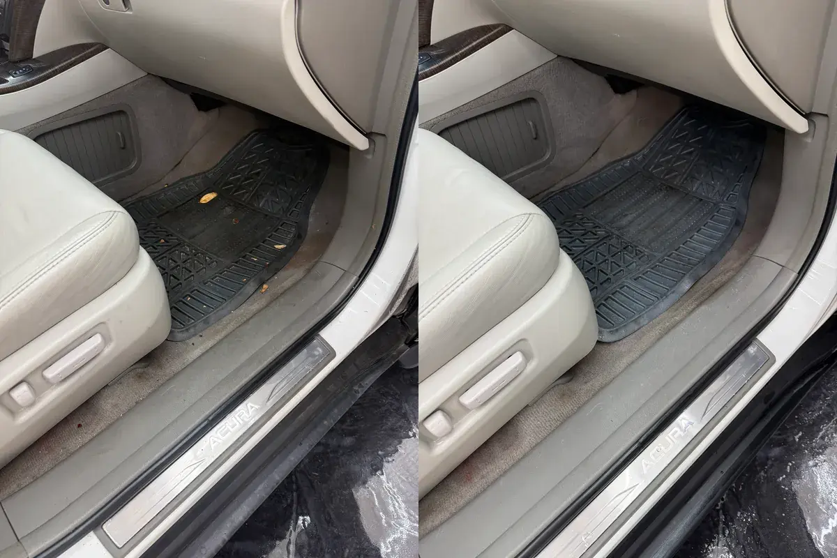 Before and after of the driver side floor mat and carpet in a 2011 Acura MDX during an interior detail in Panama City FL