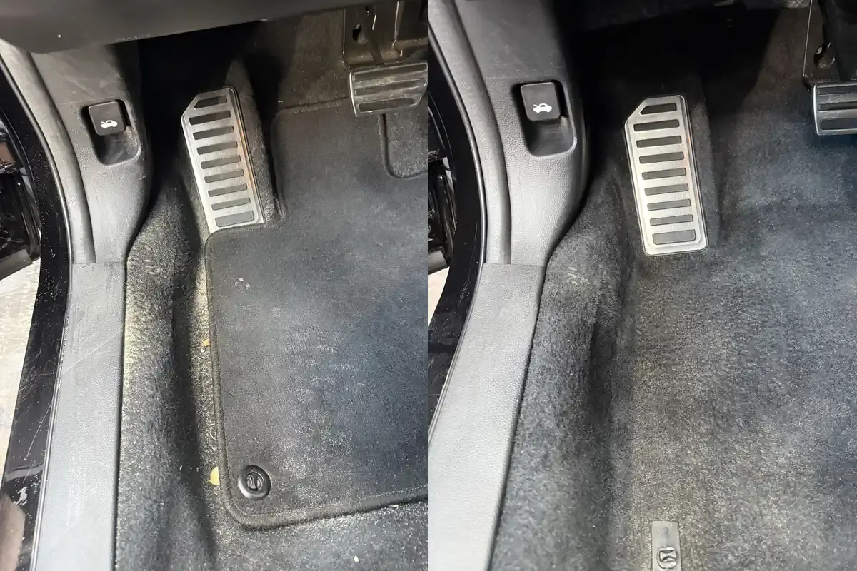 Before and after of the driver side carpet and pedals in a 2022 Honda Accord Sport during a full interior detail in Panama City FL