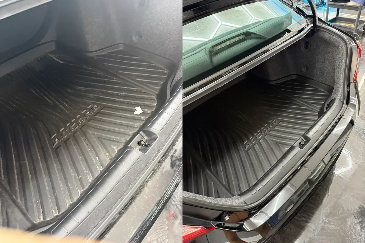 Before and after of a dirty trunk liner in a black Honda Accord Sport after a full detail in Panama City FL