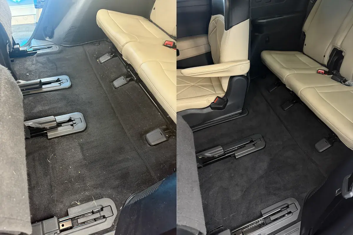 Before and after of the sandy second row carpet in a 2027 Kia Telluride during a full detail in Panama City FL