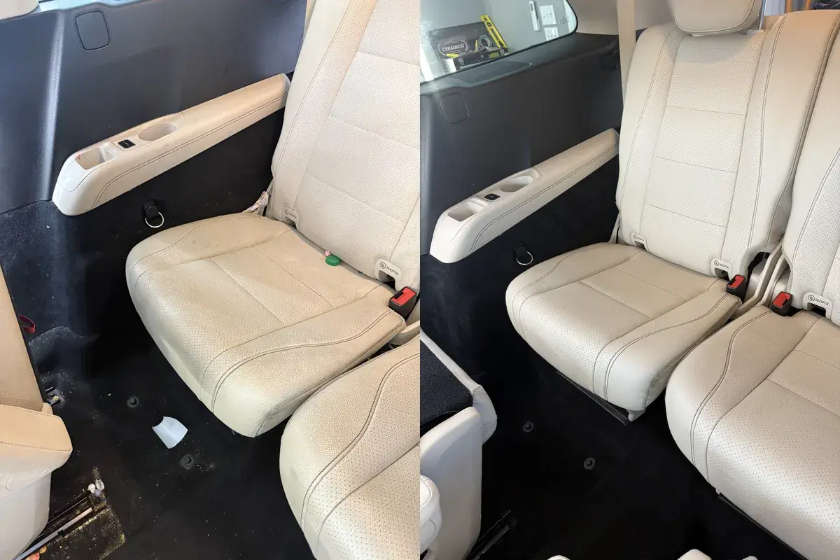 Before and after of the cream leather rear seat and carpet in a 2021 Mercedes GLS450 during a full detail in Panama City FL