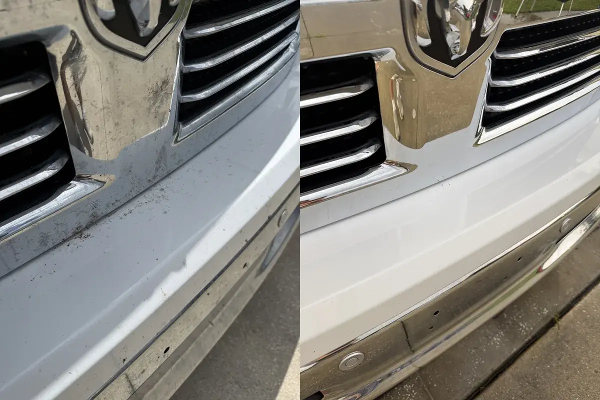 Before and after of the chrome grille and front bumper on a 2019 Ram 1500 during an exterior detail in Panama City FL