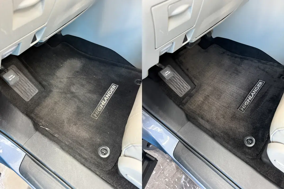 Before and after of the stained driver floor mat in a 2017 Toyota Highlander during a full detail in Panama City FL