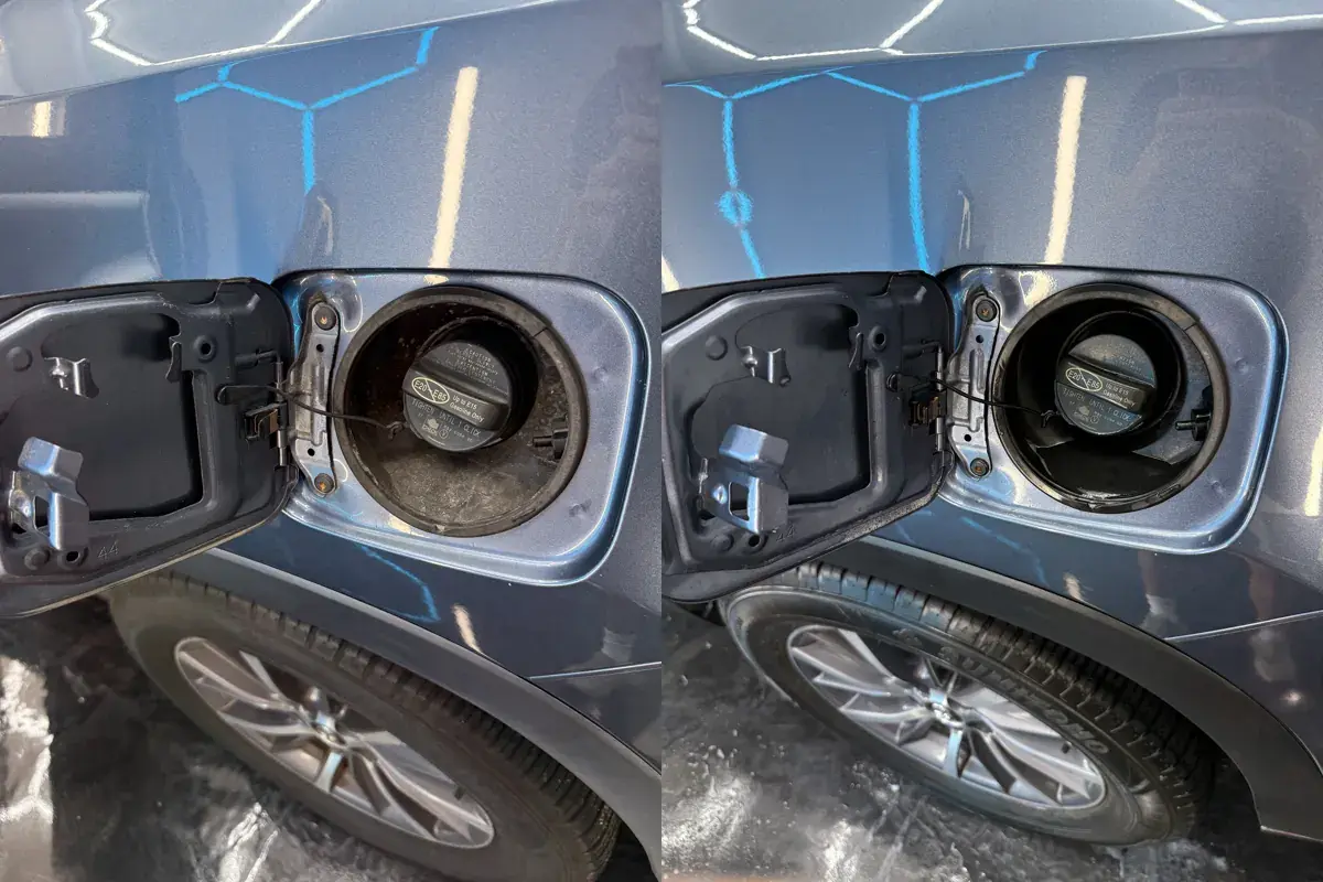 Before and after of the fuel door and gas cap area on a 2017 Toyota Highlander after exterior detailing in Panama City FL