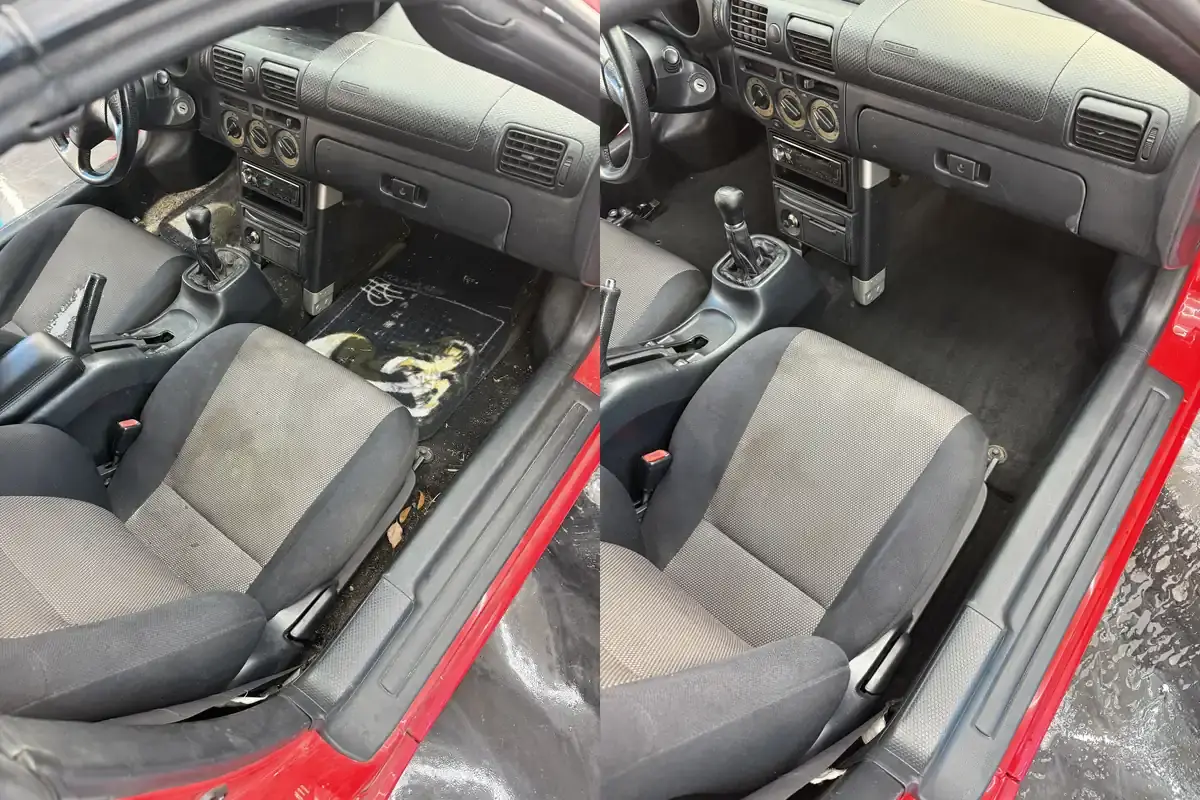 Before and after of the passenger floor and carpet in a 2001 Toyota MR2 during a full interior detail in Panama City FL