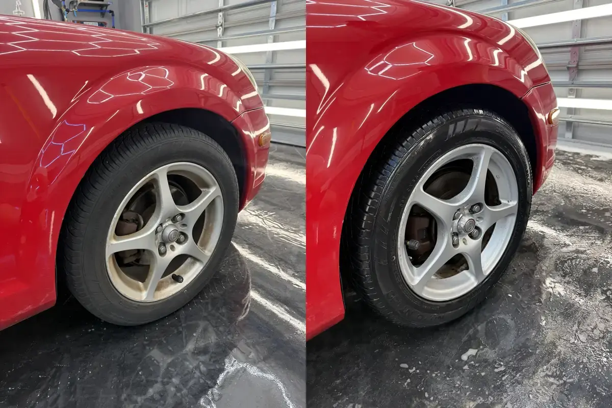 Before and after of a brake dusty wheel and faded tire on a red Toyota MR2 Spyder after a full detail in Panama City FL