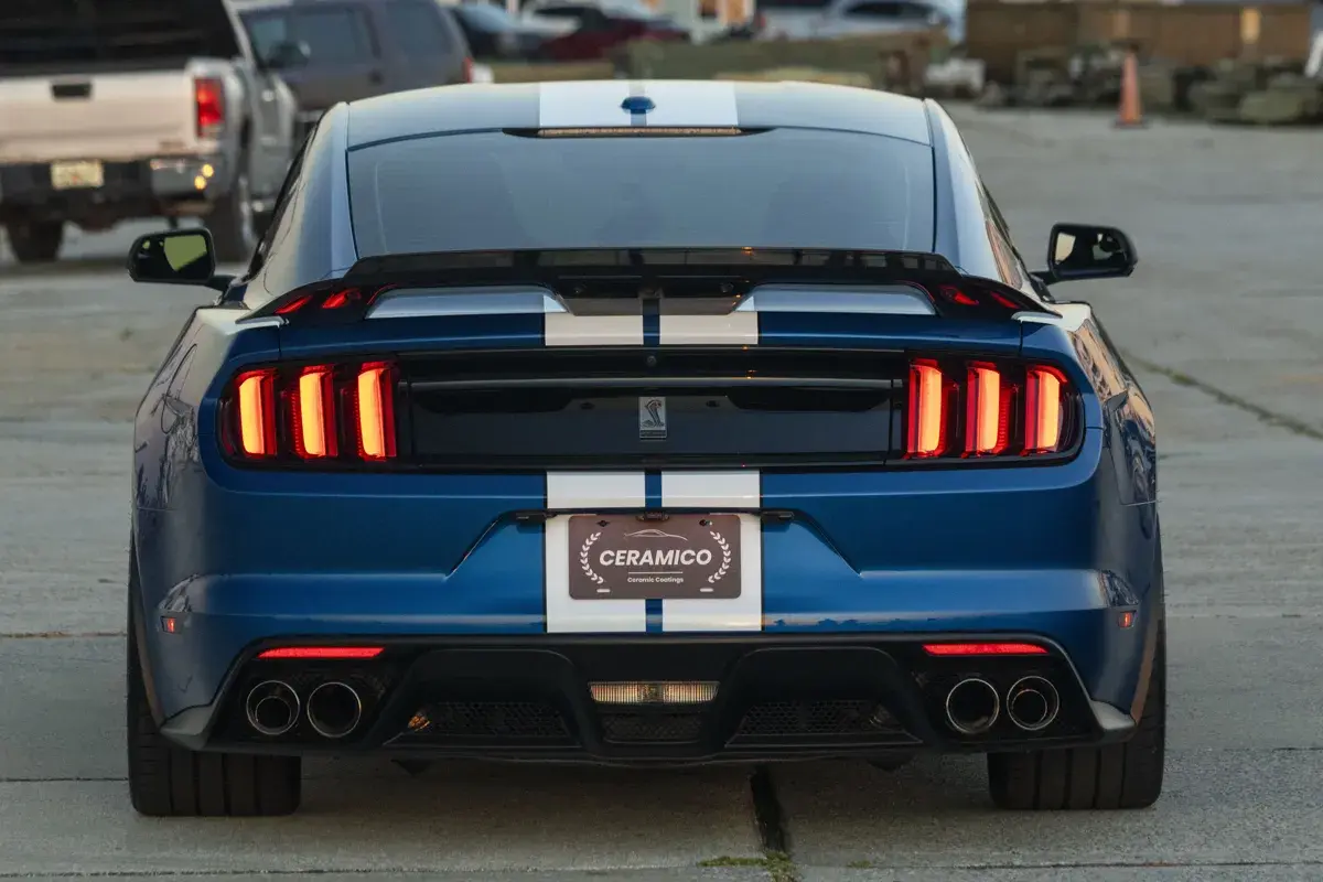 Rear view of ceramic coated 2018 Shelby GT350 at the Panama City marina at sunset
