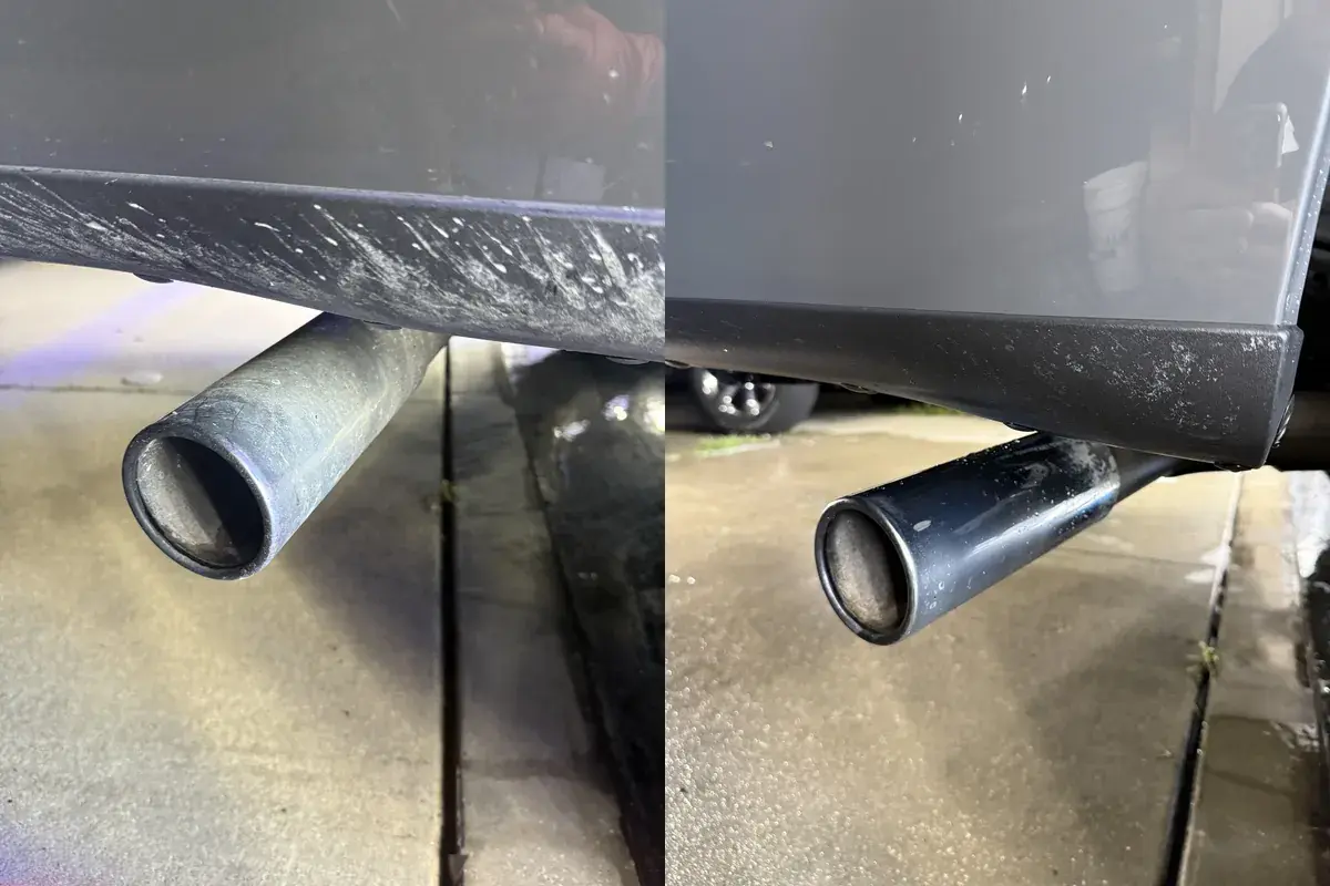 Before and after of the exhaust tip and lower rocker panel on a grey Ford F-150 detailed in Panama City FL