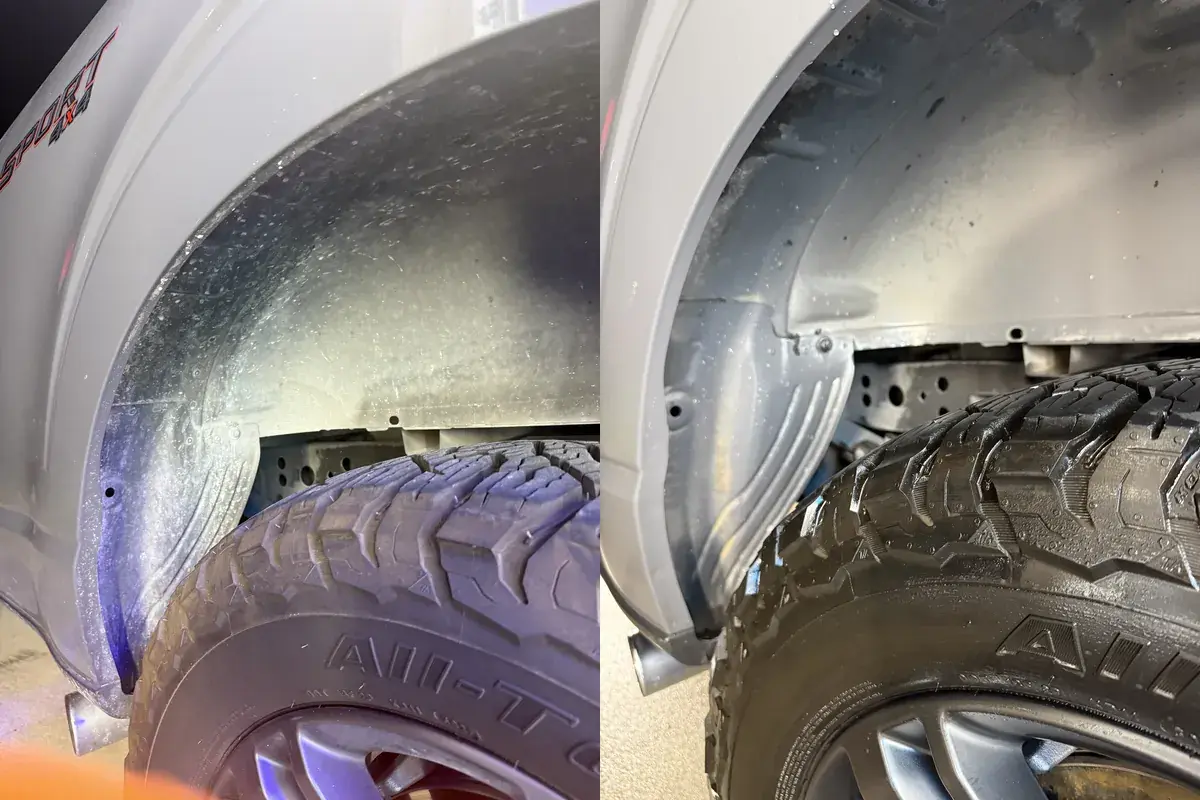 Before and after of a muddy wheel well and all terrain tire on a grey Ford F-150 during a truck detail in Panama City FL