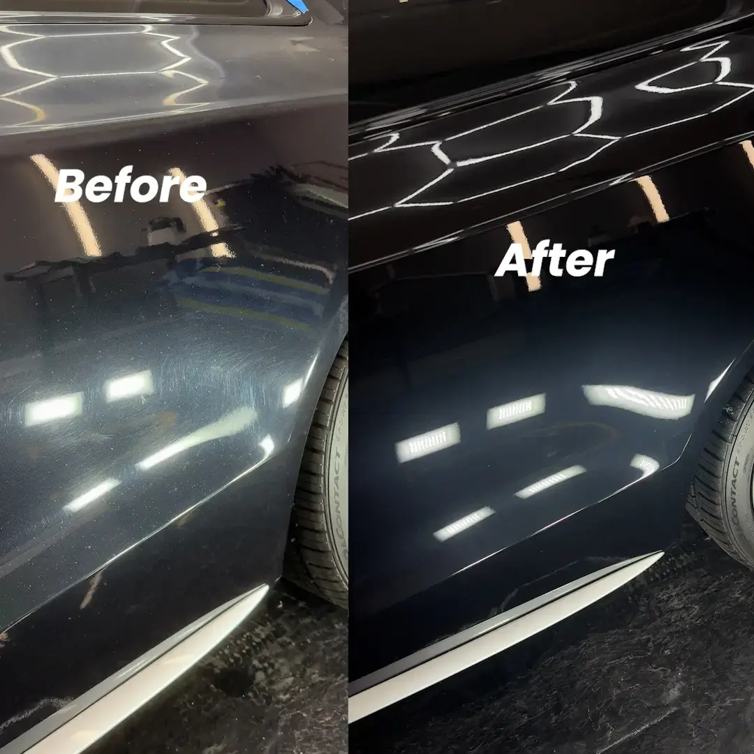 Before and after paint correction on dark blue car door panel at Ceramico Panama City