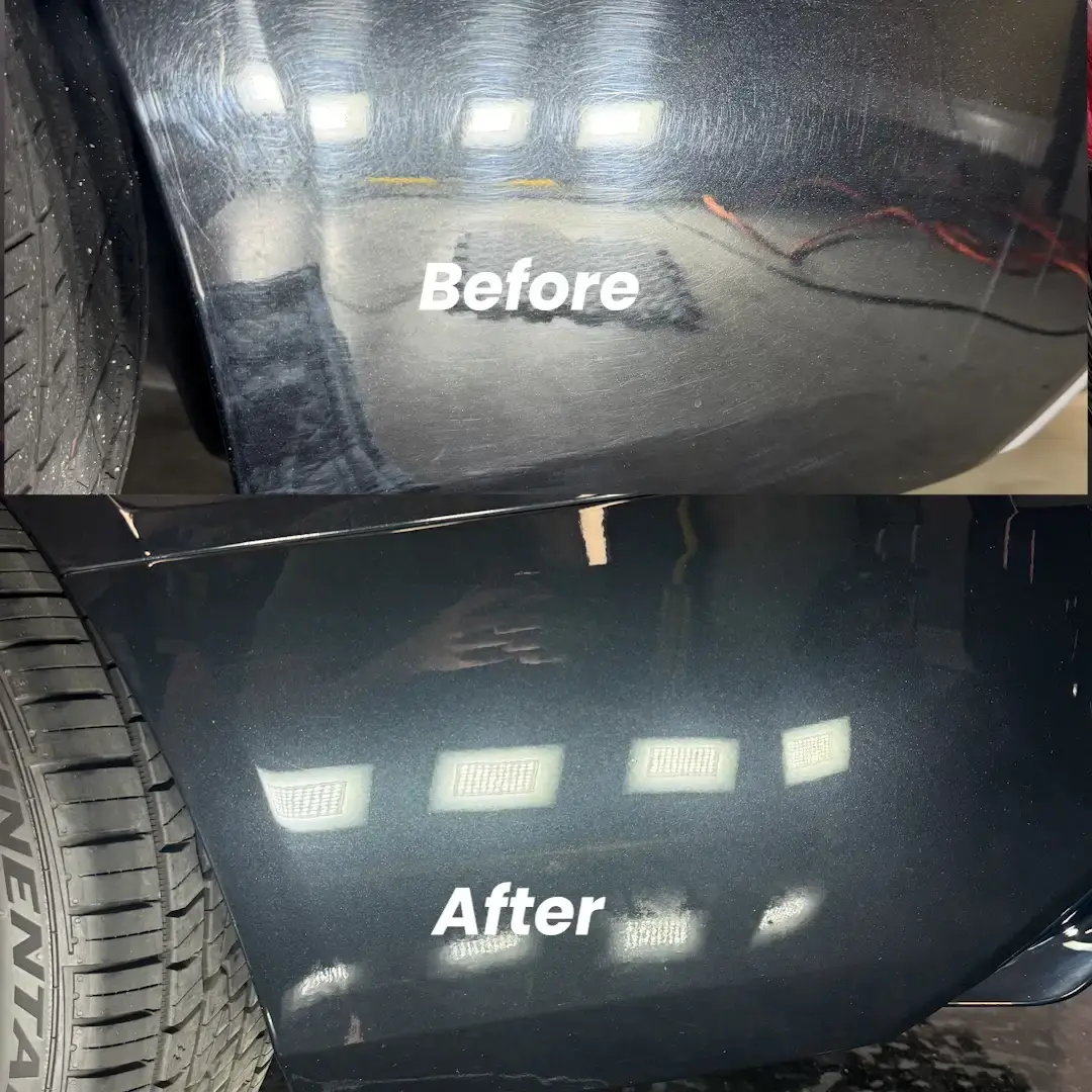 Before and after paint correction on black car bumper corner showing swirl removal