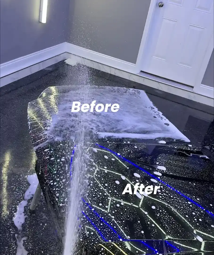 Before and after ceramic coating on black car hood showing hydrophobic water beading