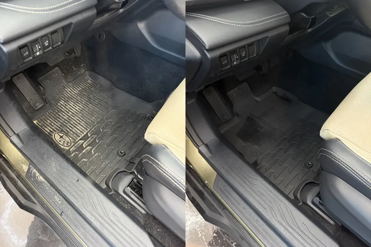 Before and after of the driver floor liner in a 2022 Subaru Outback during a full detail in Panama City FL