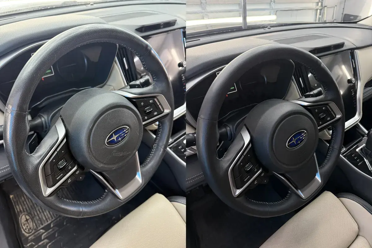 Before and after of a grimy steering wheel cleaned during a full interior detail on a 2022 Subaru Outback in Panama City FL