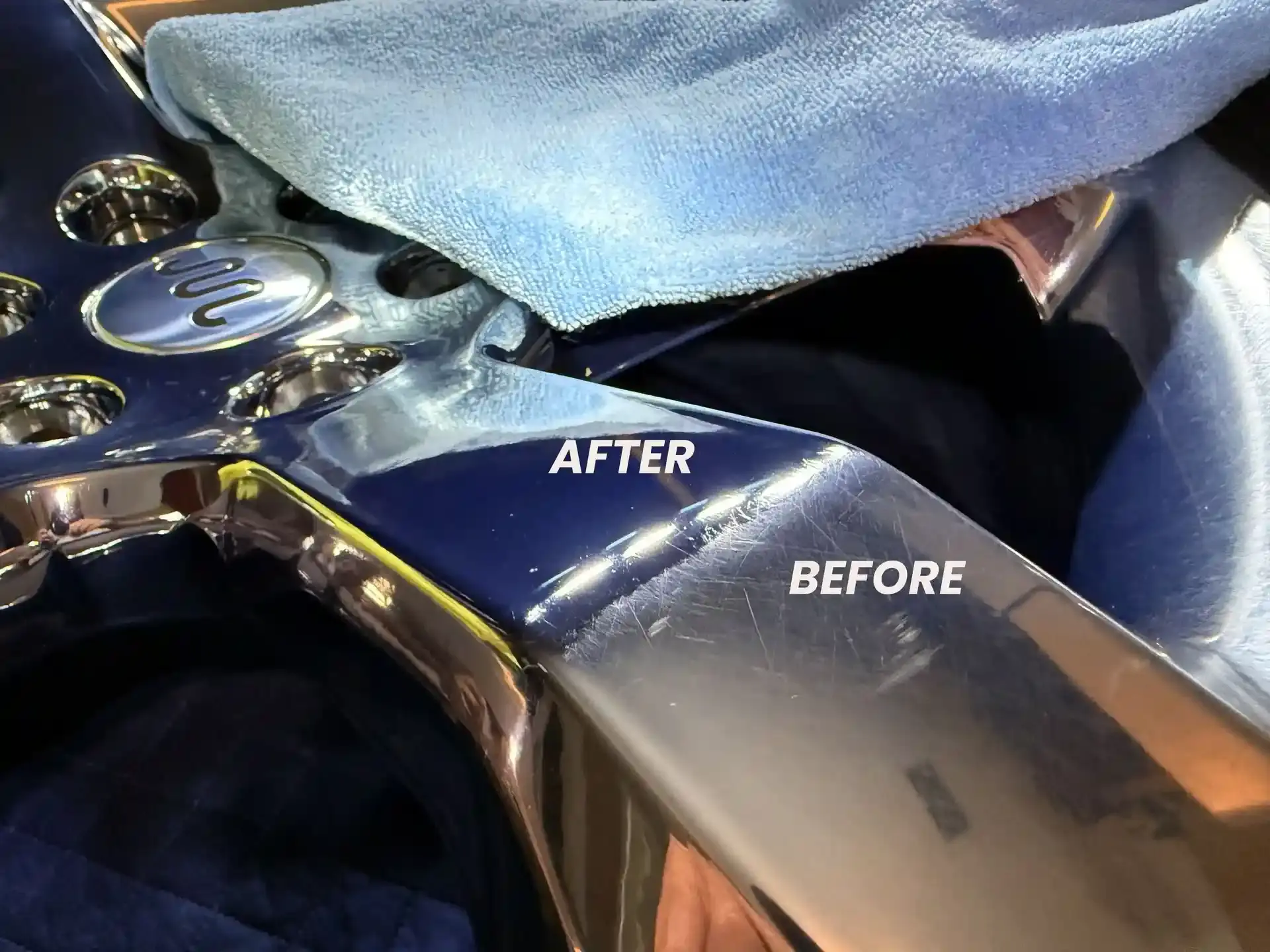 Before and after paint correction on blue motorcycle tank