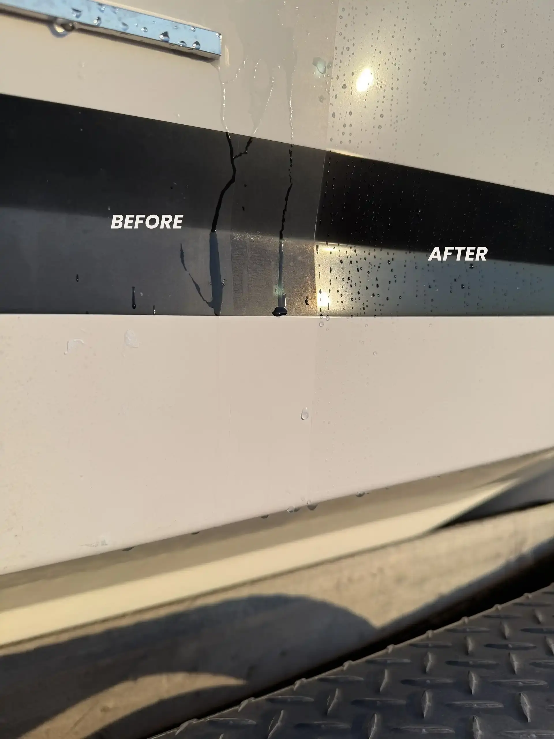 Before and after ceramic sealant on white boat hull trim