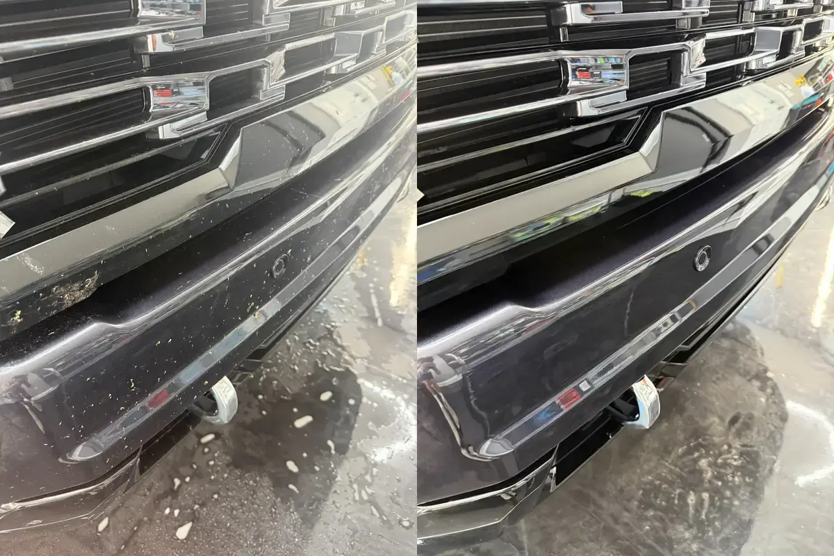 Before and after of the front bumper and grille on a 2026 GMC Denali 3500 during a ceramic coating in Panama City FL