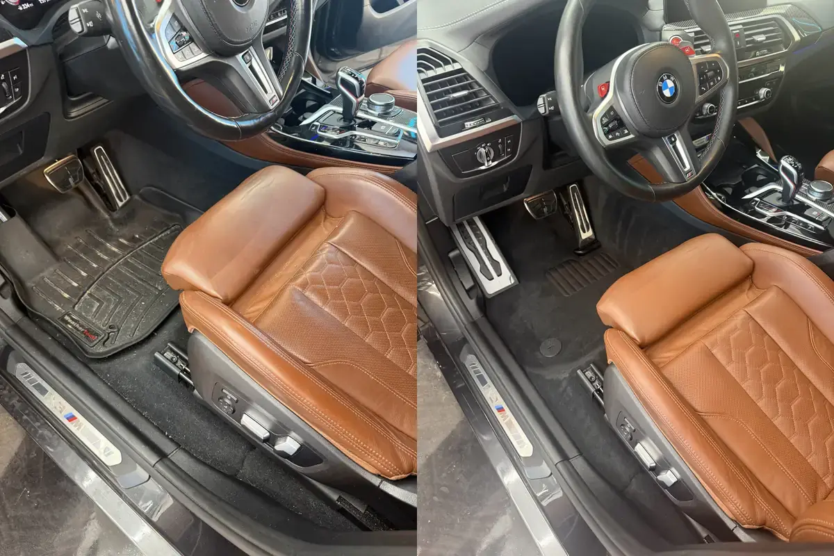 Before and after of the driver side footwell and tan leather seat in a BMW X3M during an interior detail in Panama City FL