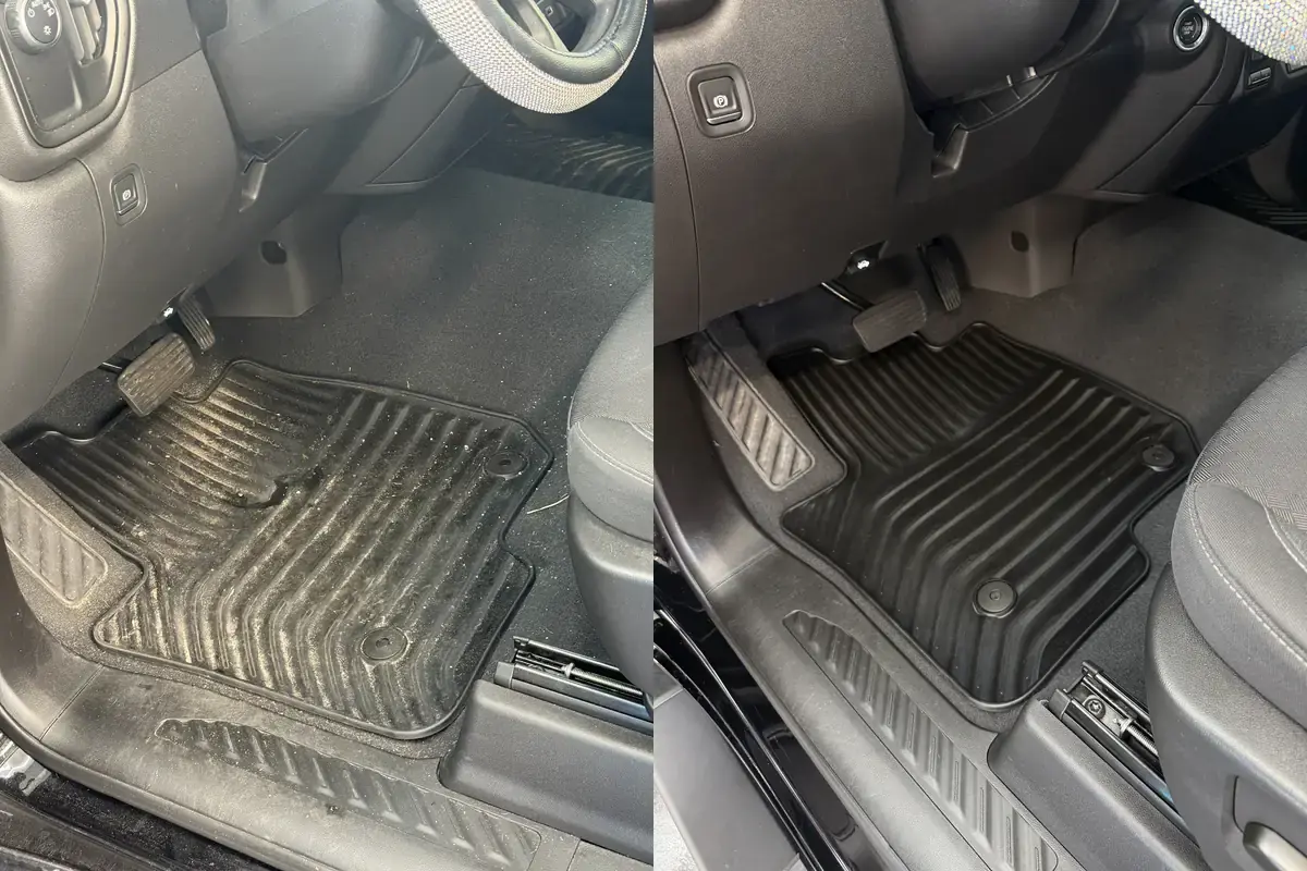 Before and after of the driver floor liner and carpet in a black 2023 Chevy Silverado during a full detail in Panama City FL